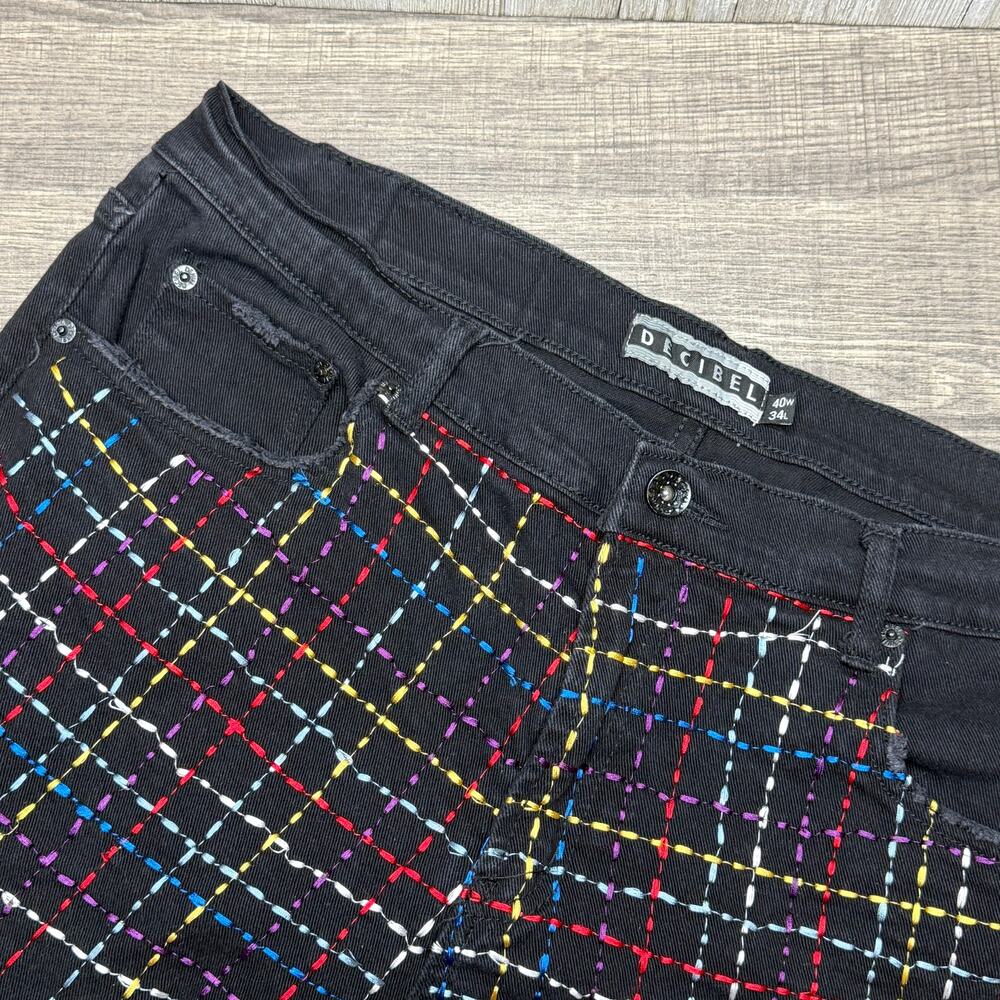 Decibel Mens 40x34 Black Distressed Jeans‎ Multicolor Embroidered Y2K Streetwear